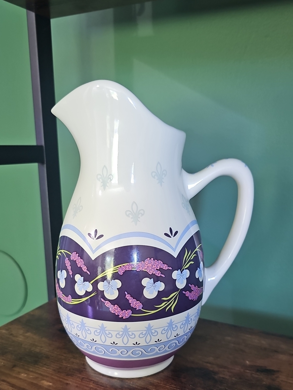 Walt Disney World Ceramic Pitcher in White and Purple with Blue Trim